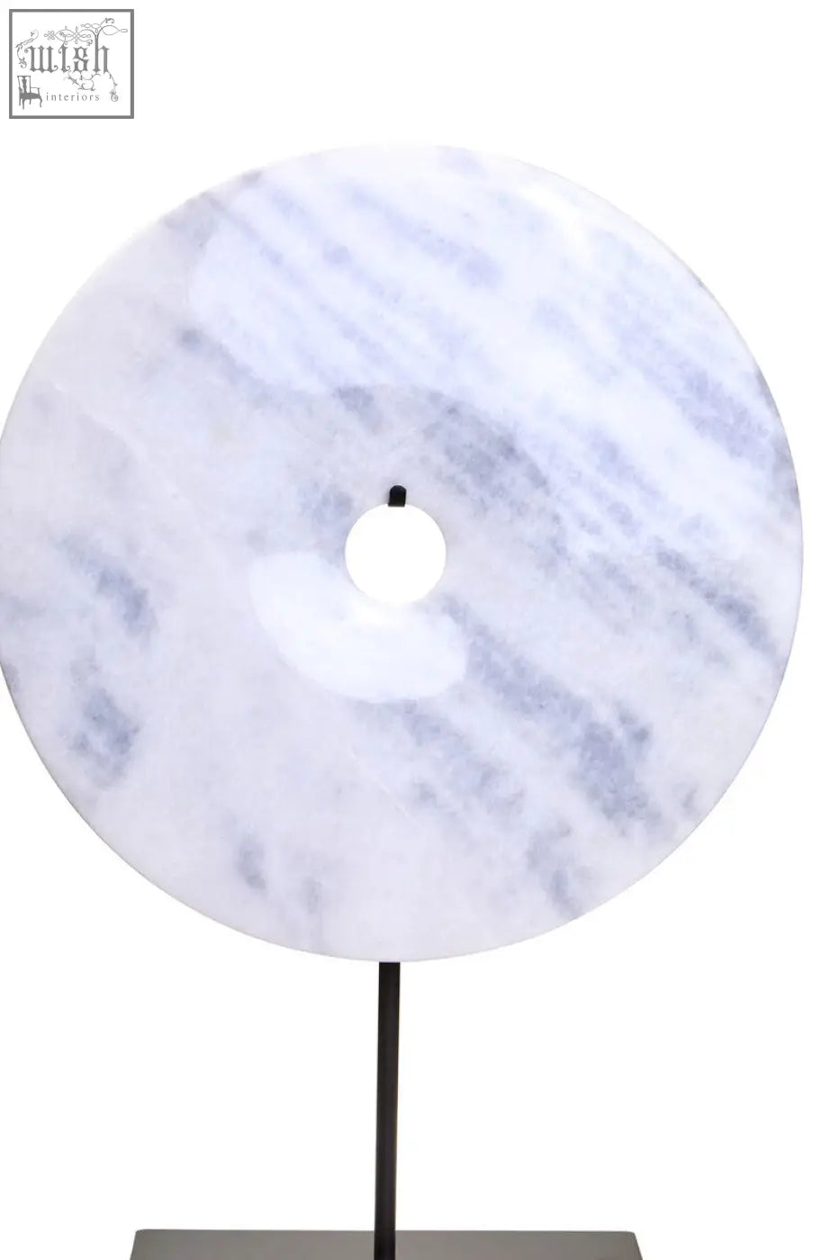 Zoro extra large round white marble disc sculpture with gray veining on a sleek black stand measuring 35cm diameter