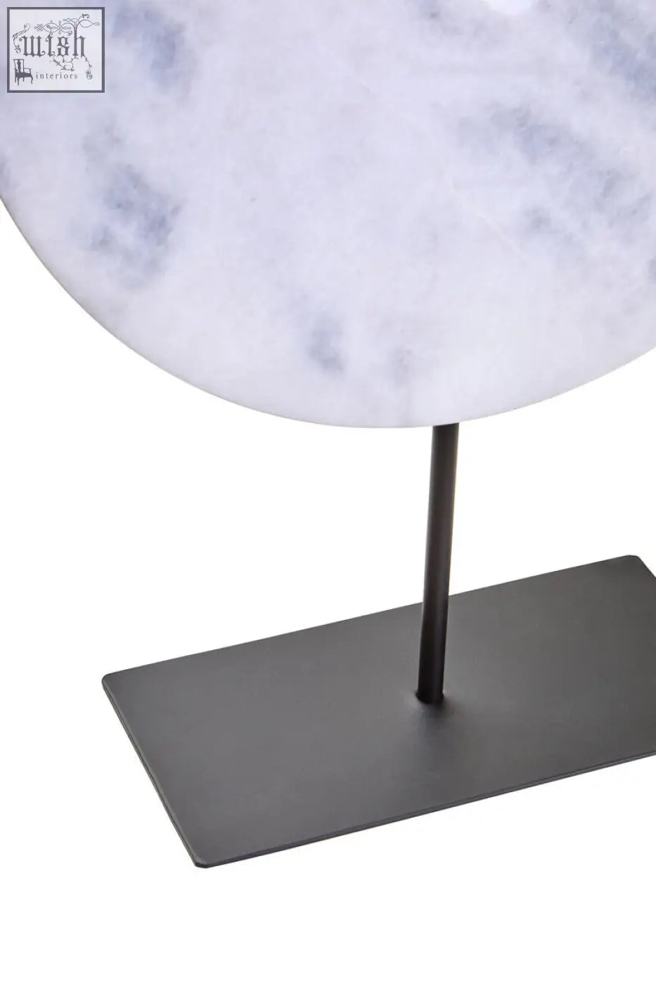 Zoro extra large white marble disc sculpture featuring an extra large round 35cm white marble slab on black stand