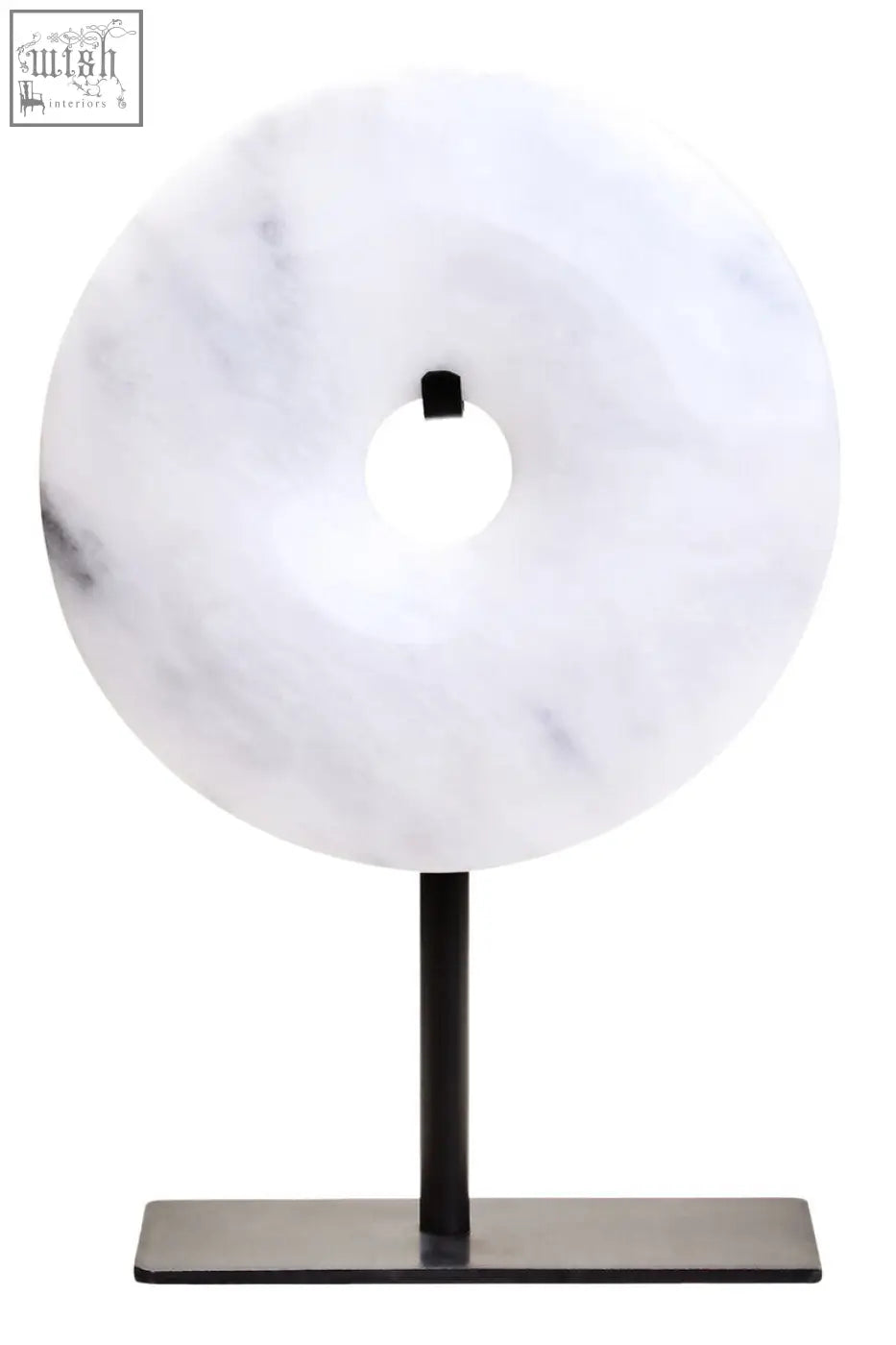 Zoro extra small round grey marble disc sculpture with white donut shape on black metal stand small round dia 15cm