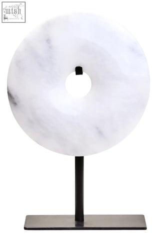 Zoro extra small round grey marble disc sculpture with white donut shape on black metal stand small round dia 15cm