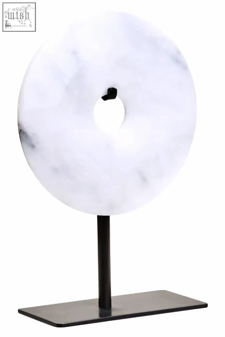 Zoro extra small white marble disc sculpture with central hole on black metal stand small round dia 15cm gray marble