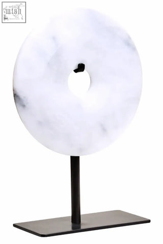Zoro extra small white marble disc sculpture with central hole on black metal stand small round dia 15cm gray marble
