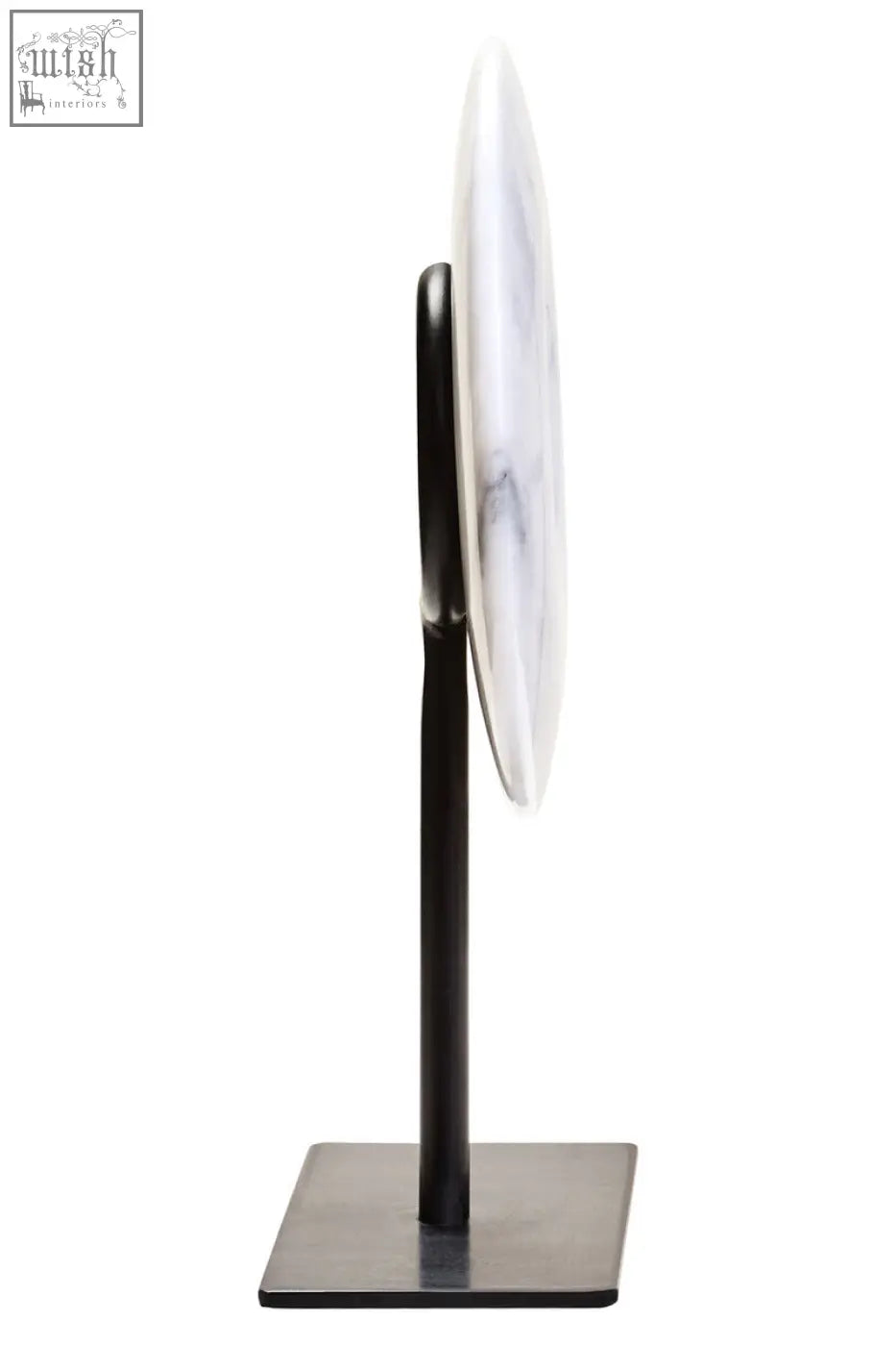 Zoro extra small round dia 15cm grey marble disc sculpture with sleek white marble mirror and black metal stand