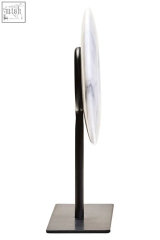 Zoro extra small round dia 15cm grey marble disc sculpture with sleek white marble mirror and black metal stand