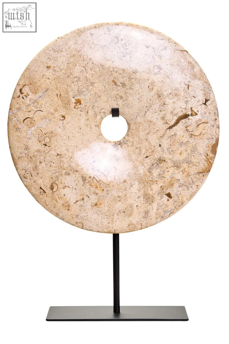 Beige zoro large natural speckled marble disc sculpture with central hole on black metal stand, 30cm round shape