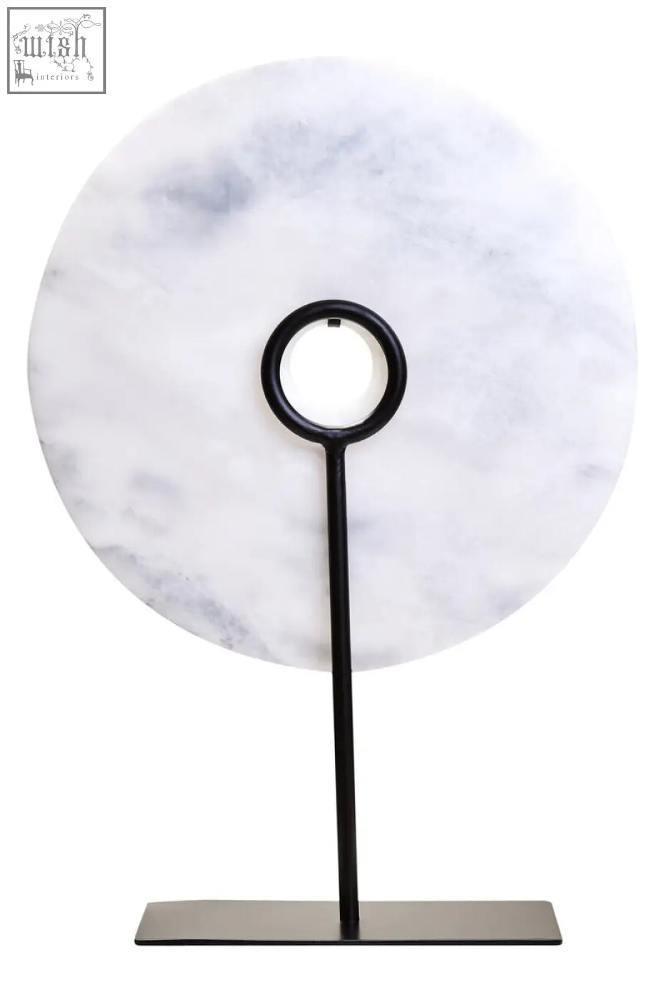 White marble disc sculpture on a zoro large round 30cm marble disc with black metal stand tray display
