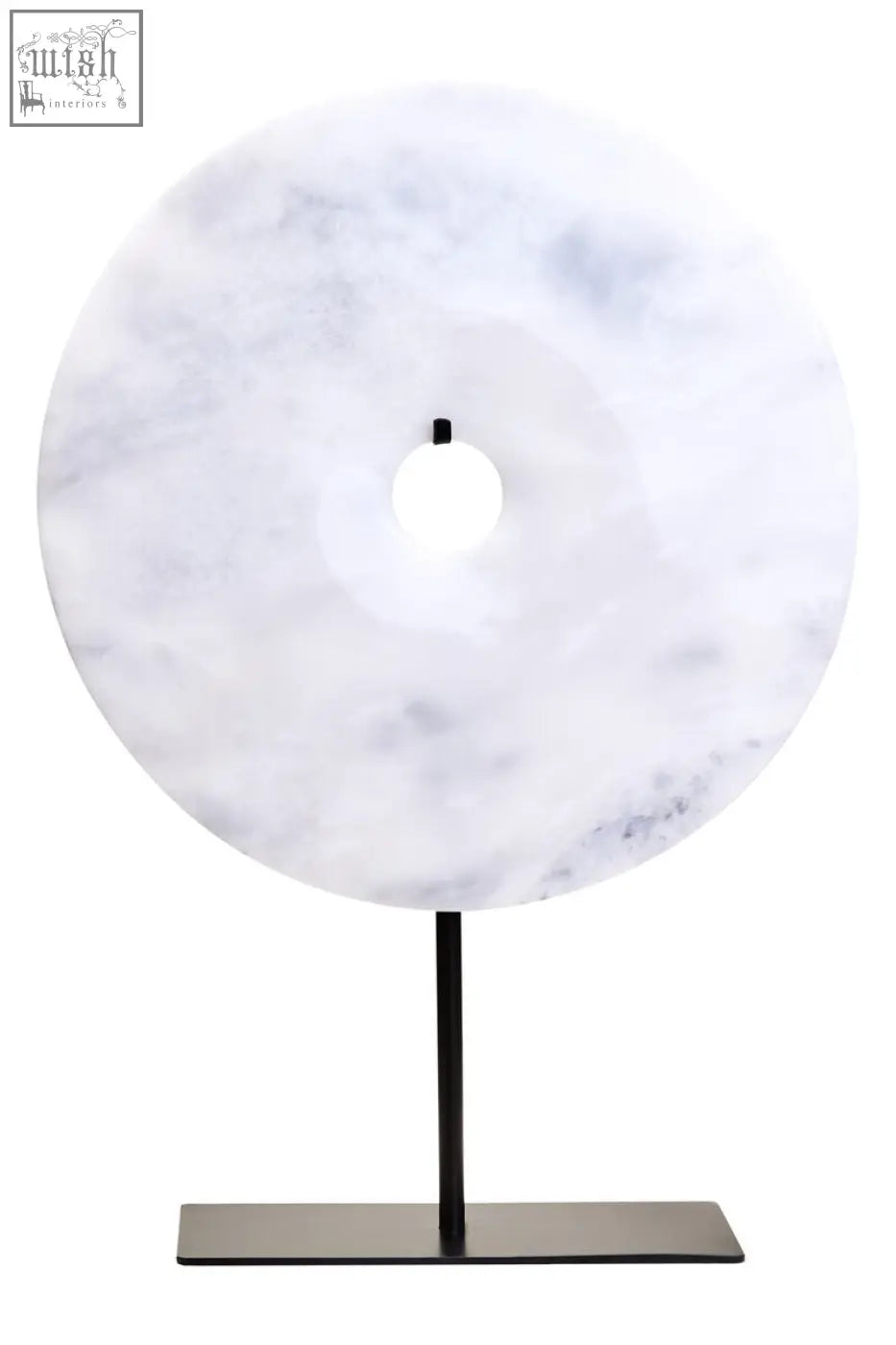 Zoro large round white marble disc sculpture with subtle gray veining on a sleek black metal stand