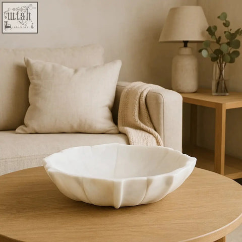 White marble zoro large white lotus bowl with petal shaped scalloped rim for elegant decor or serving