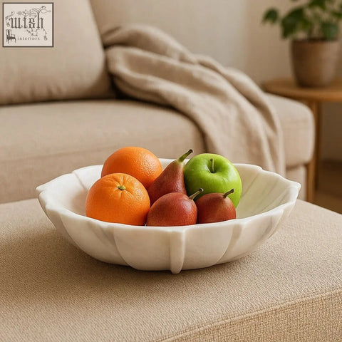 Zoro large white marble fruit bowl with petal-like rim design perfect as a large white marble lotus bowl