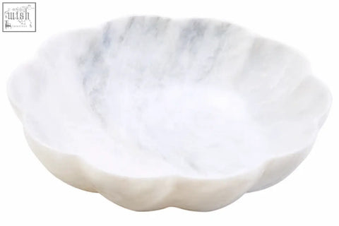 Zoro large white marble scalloped bowl with delicate gray veining and a stylish scalloped edge in a large white marble design