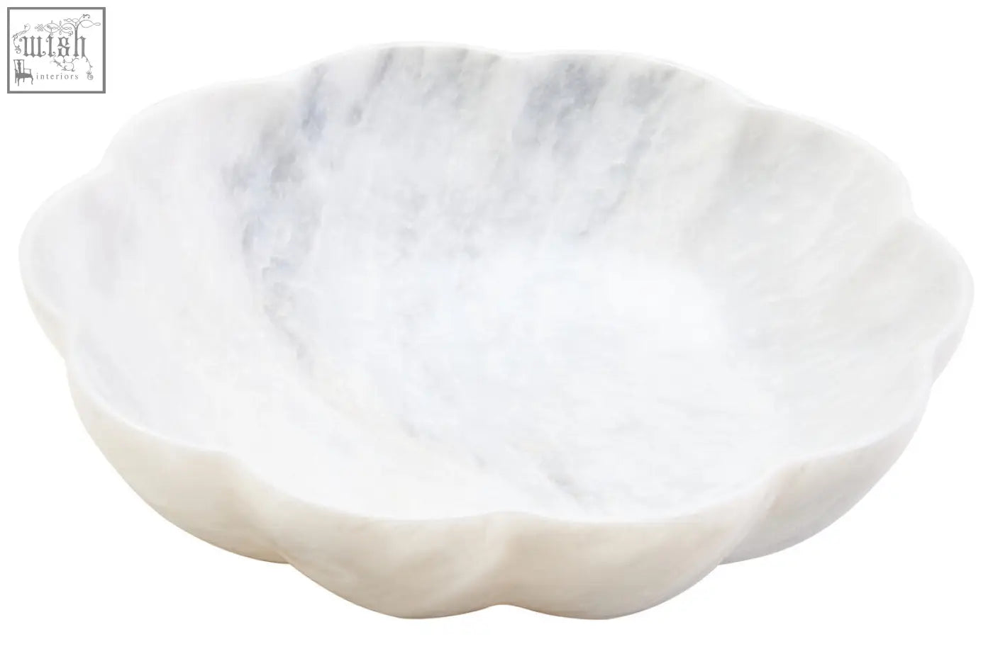 Zoro large white marble scalloped bowl with delicate edge and subtle gray veining perfect for serving or decor
