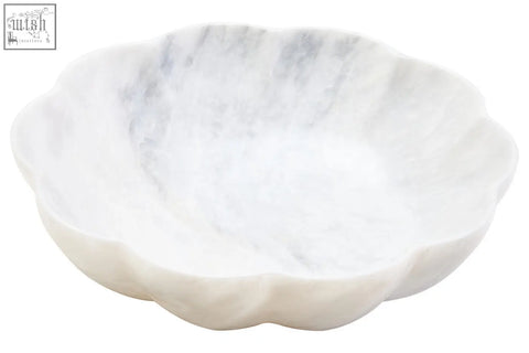 Zoro large white marble scalloped bowl with delicate edge and subtle gray veining perfect for serving or decor