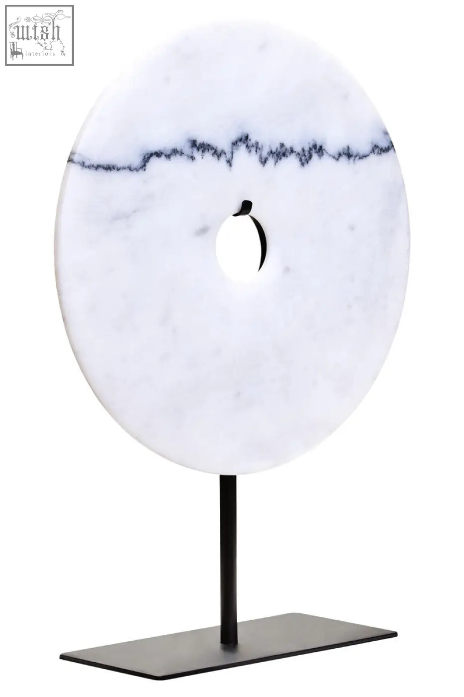 Zoro medium round white marble disc sculpture with black veining and central hole on black metal stand round dia 25cm