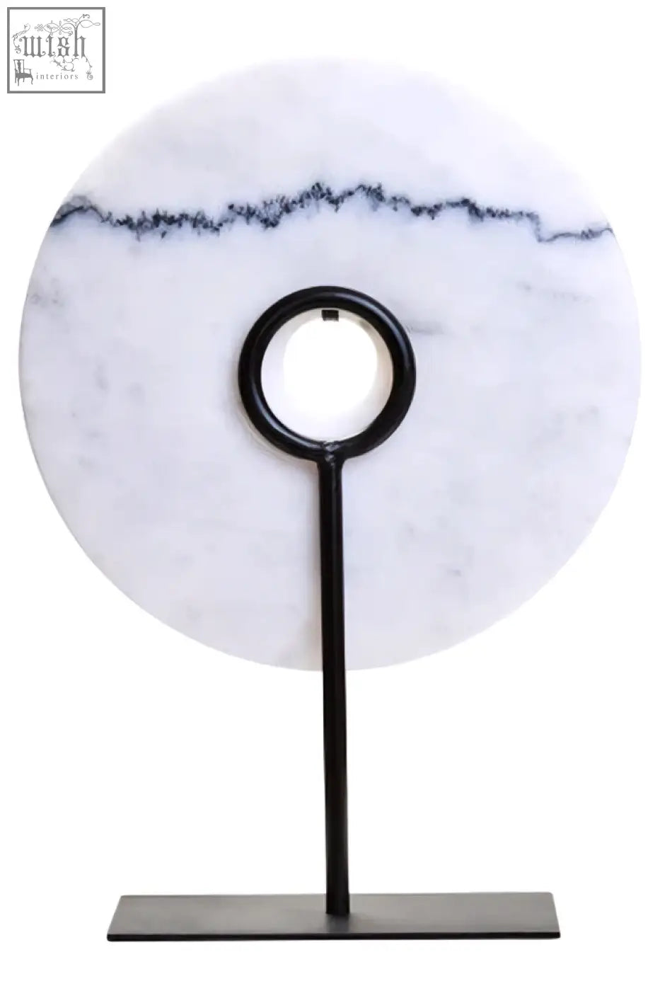 Zoro medium round white marble disc sculpture with black veining on a sleek black metal stand round dia 25cm