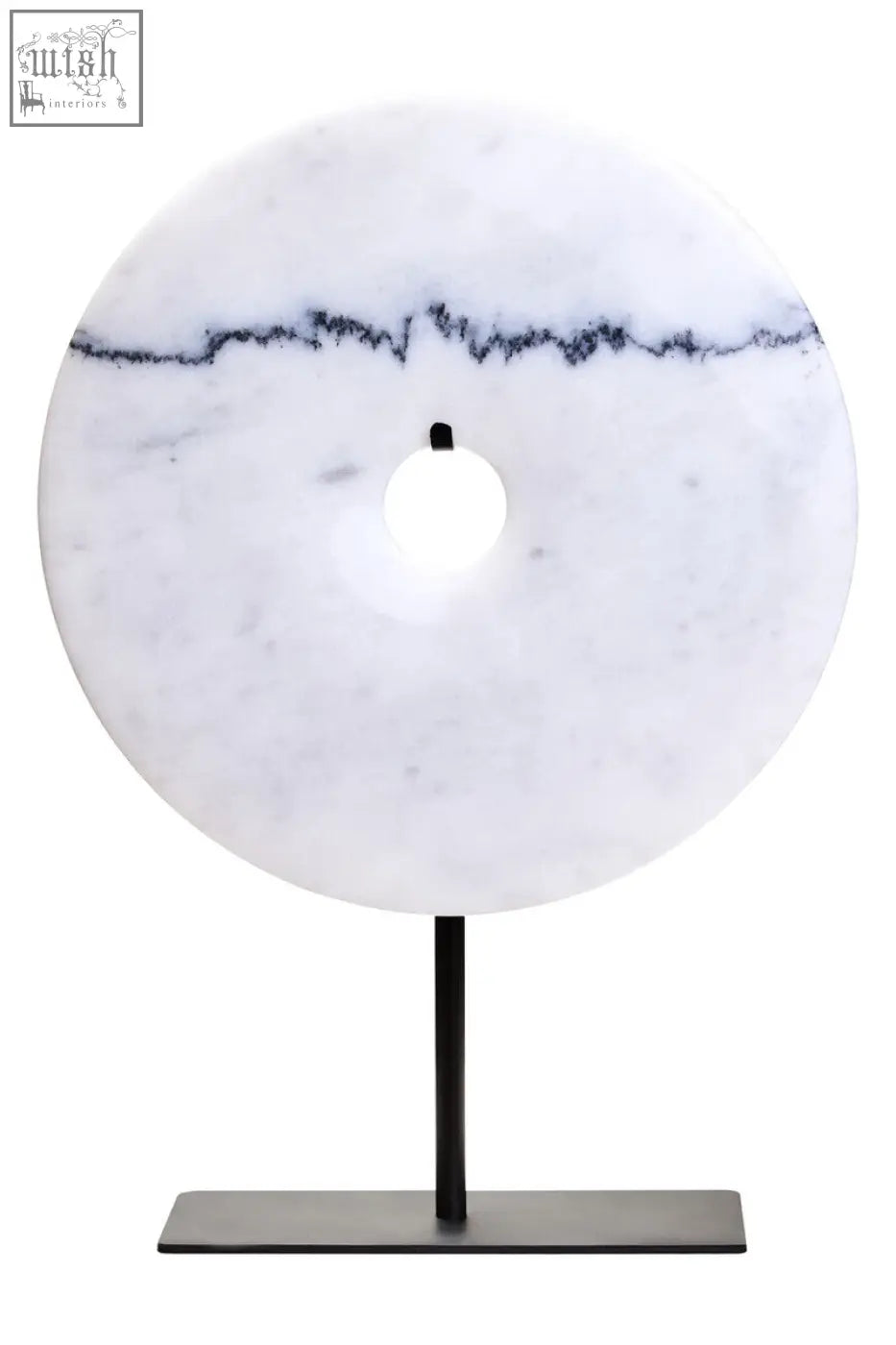 Zoro medium round white marble disc sculpture with black veining on a sleek black metal stand round dia 25cm