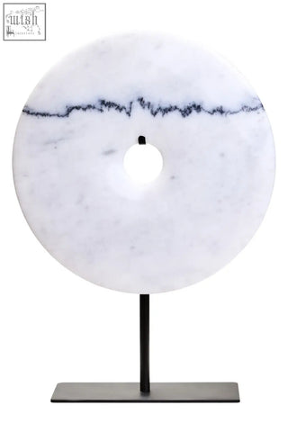 Zoro medium round white marble disc sculpture with black veining on a sleek black metal stand round dia 25cm