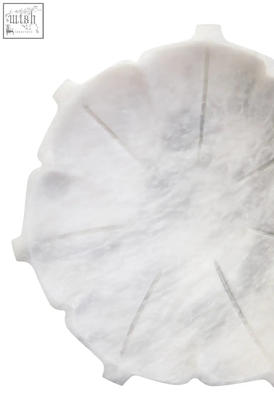 Zoro medium white marble lotus bowl shaped like an open lotus petal with scalloped edge and gray veining
