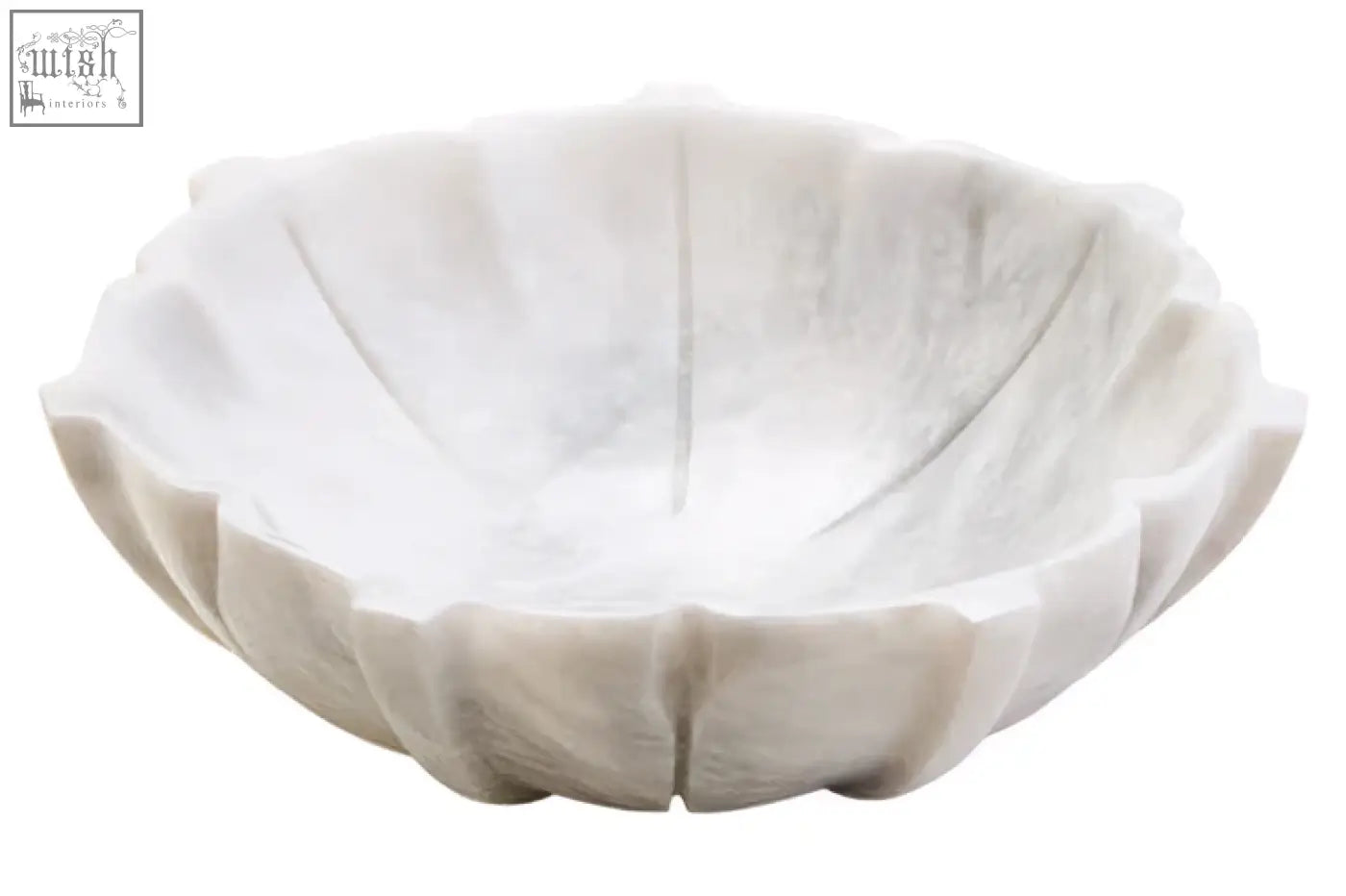 A white marble lotus bowl with a scalloped petal rim and subtle veining perfect for elegant serving