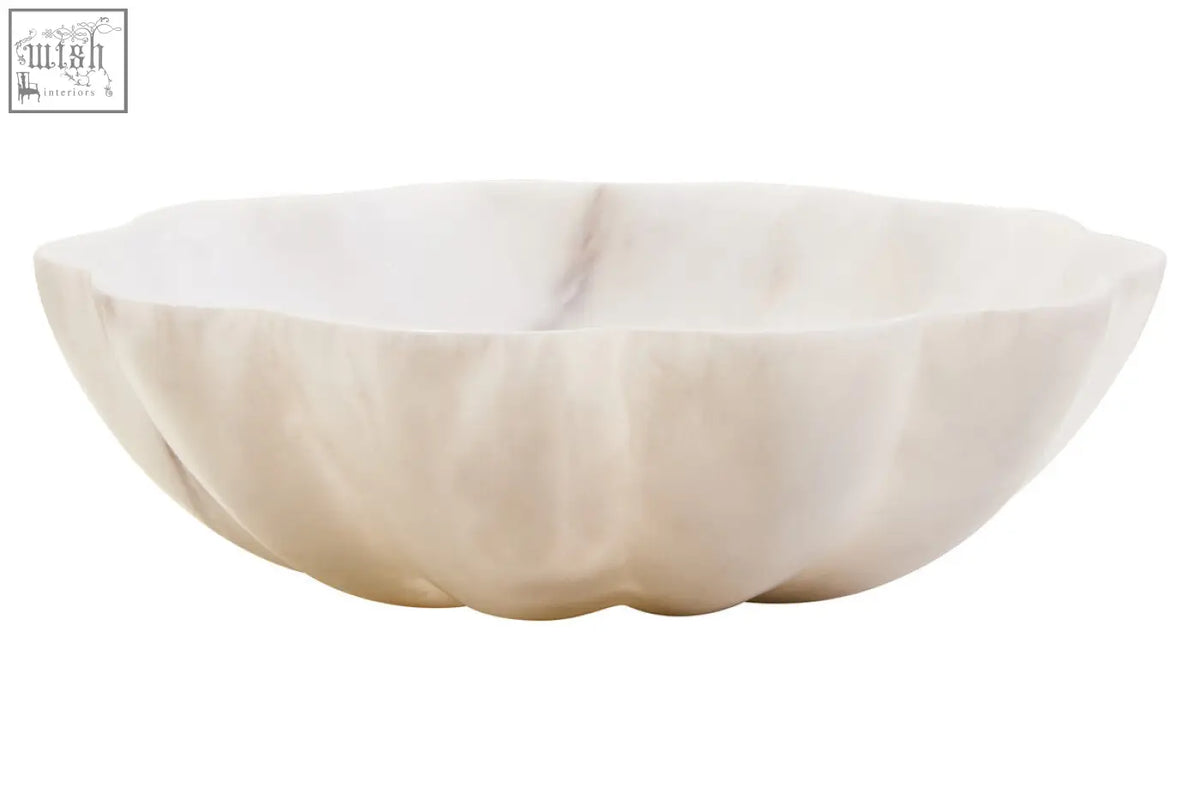 Cream-colored zoro medium white marble scalloped bowl with smooth polished surface and subtle veining