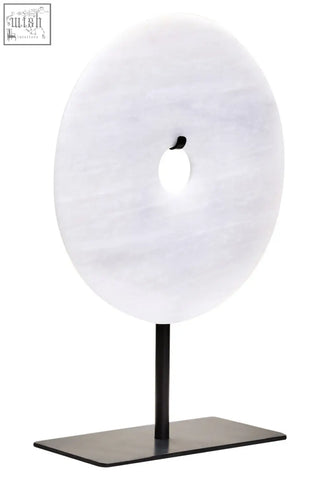 Zoro small round white marble disc sculpture with donut shape on black metal stand round dia 20cm decorative piece