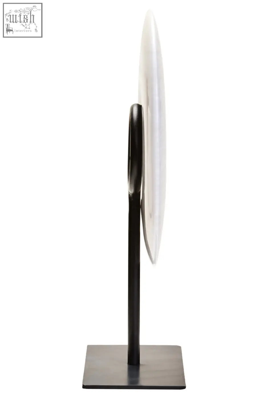 A zoro small round grey marble disc sculpture featuring two overlapping black and white round dia 20cm discs on a stand