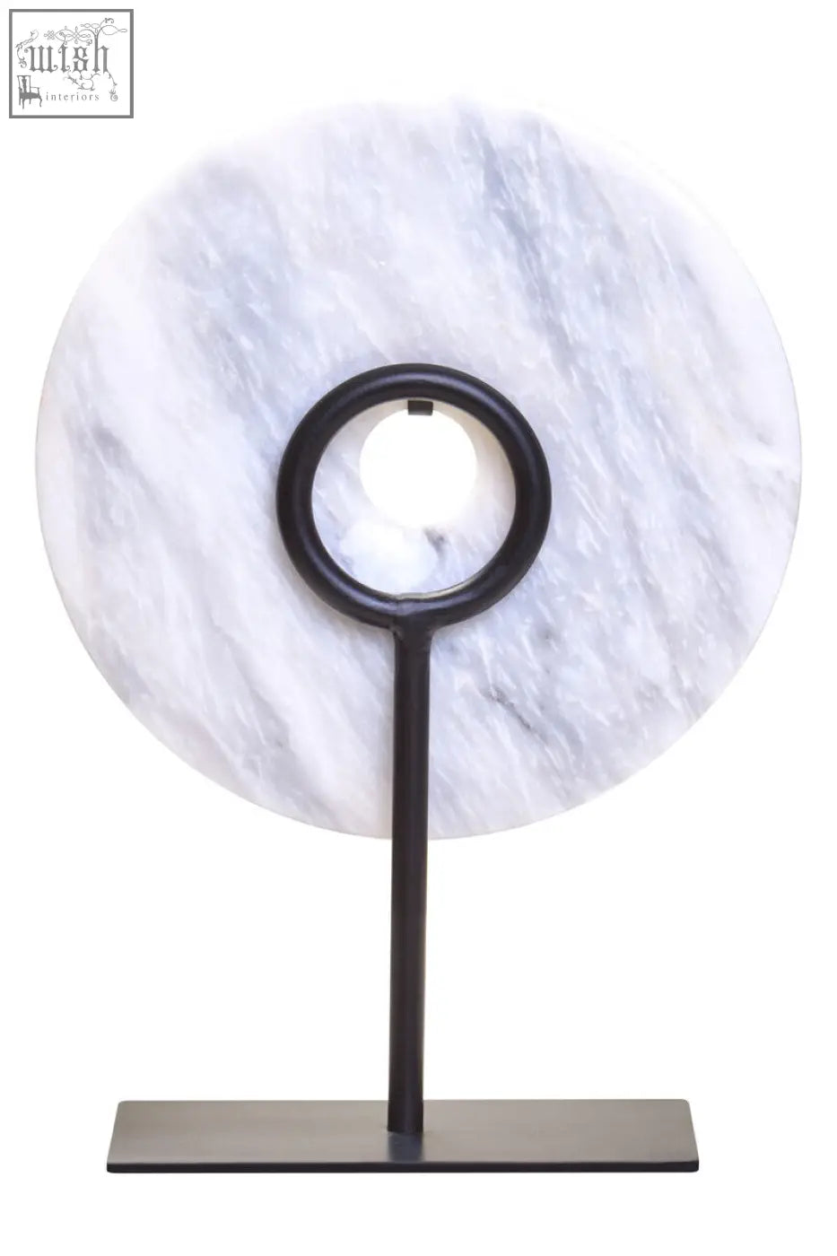 A sleek black metal stand holding a zoro small round round dia 20cm white marble disc sculpture with gray veining