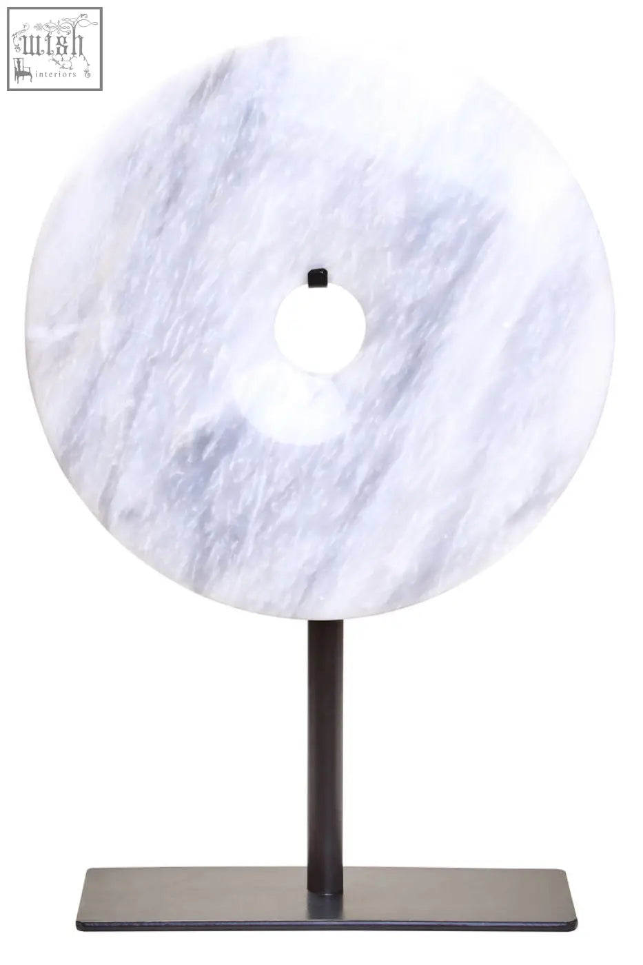 Zoro small round white marble disc sculpture with gray veining on a black metal stand round dia 20cm
