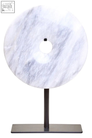 Zoro small round white marble disc sculpture with gray veining on a black metal stand round dia 20cm