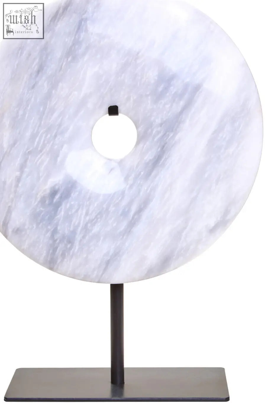 Zoro small round white marble disc sculpture with gray veining on a black metal stand round dia 20cm