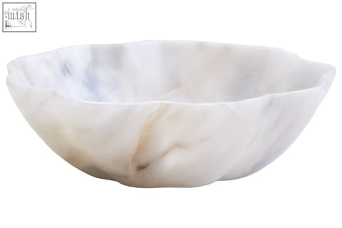 Zoro small white marble scalloped bowl with smooth organic curves and subtle gray and beige veining