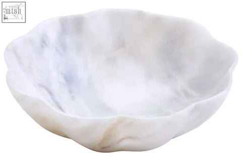 Zoro small white marble scalloped bowl with delicate scalloped edges made from white and light gray veined marble