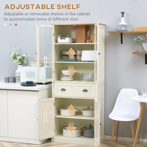 HOMCOM Freestanding Kitchen Cupboard, 5-tier Storage Cabinet with Adjustable Shelves and Drawer for Living Room, Dining Room, Cream White