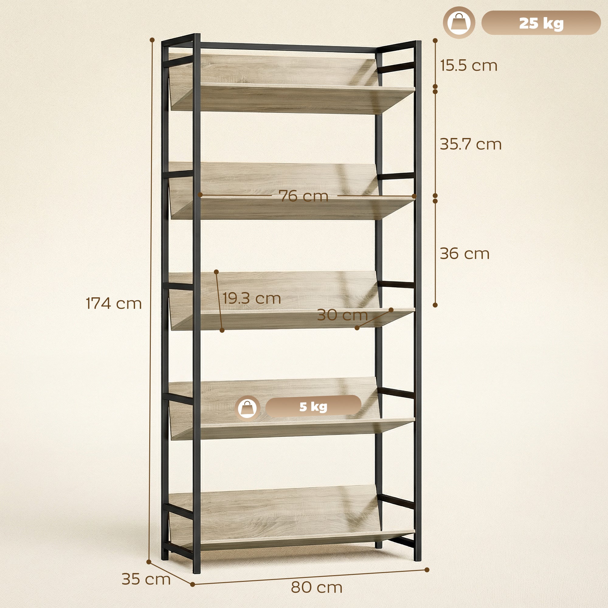 HOMCOM Bookshelf 5-Tier Metal Frame Bookcase Storage Shelves for Living Room Oak