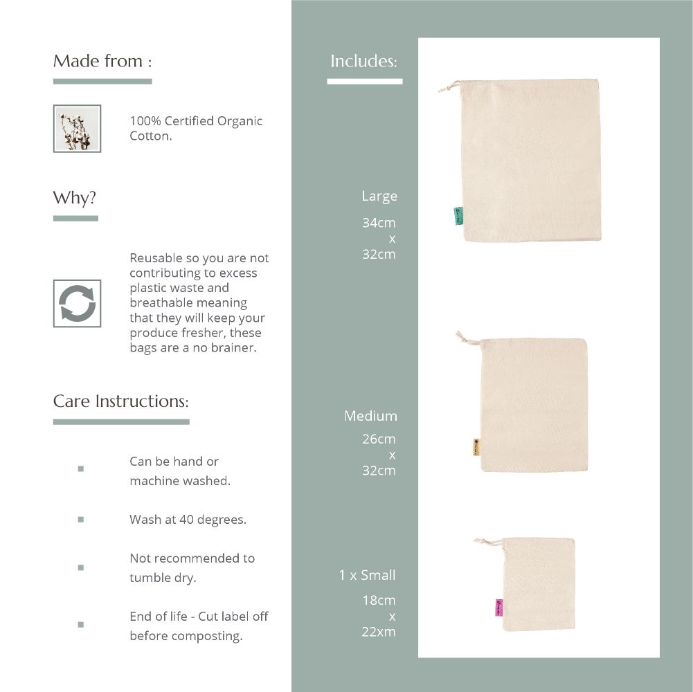 Reusable Produce Bags - Organic Cotton - Pack of 3