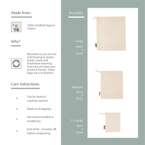 Reusable Produce Bags - Organic Cotton - Pack of 3
