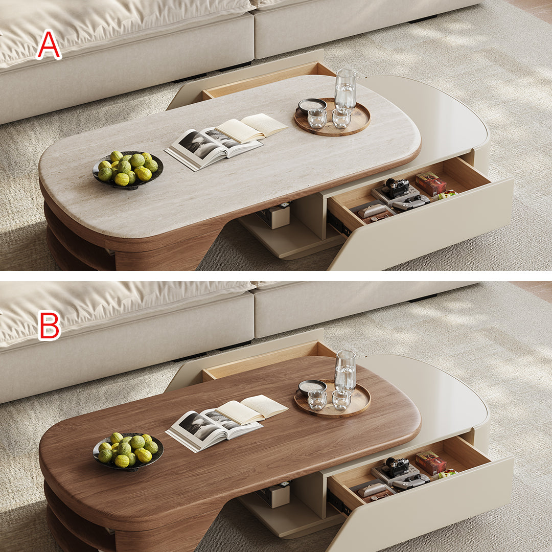 Zubair oval coffee table with light wood top cream sides and built-in storage drawers for modern living rooms