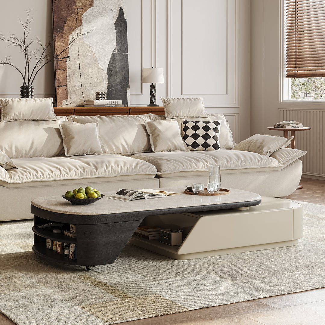 Modern two-tone zubair oval coffee table with sleek curved top and built-in storage compartments for living room use