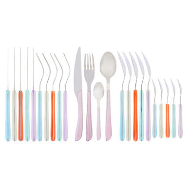 Zuma 24pc multi pastel coloured cutlery set with pastel coloured plastic handles and metallic blades for everyday use