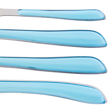 Set of four light blue translucent plastic handled utensils with silver blades from multi pastel coloured cutlery set