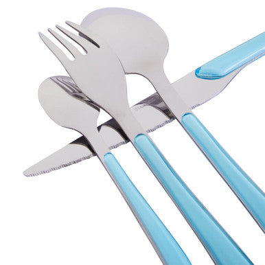Set of stainless steel multi pastel coloured cutlery with light blue plastic handles from zuma 24pc collection